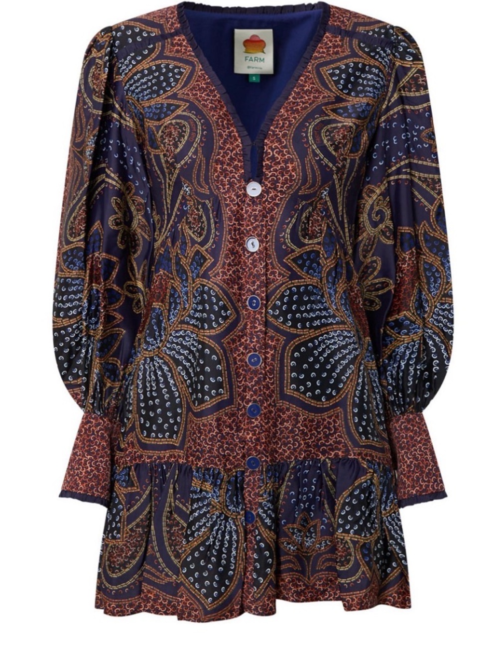 FARM Rio Navy and Rust Paisley Button-Front Mini Dress
